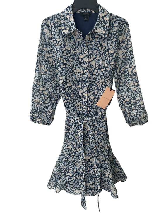 Halogen Dresses & Skirts - Halogen Ditsy Floral Button-Up Shirtdress Size XS Blue Long-Sleeve MSRP$89 NWT